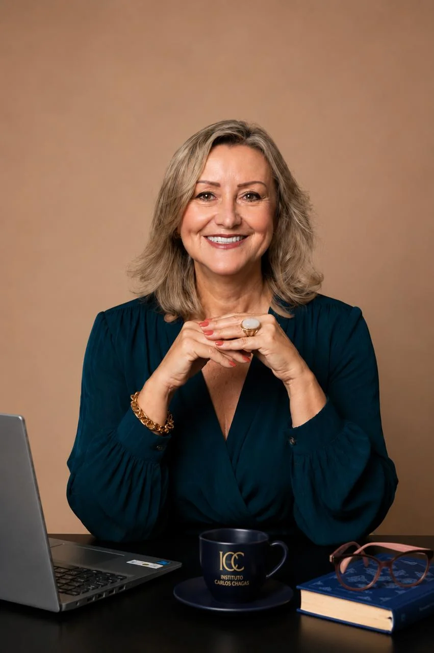 Dra. Vera Garcia da Silva sentada à mesa